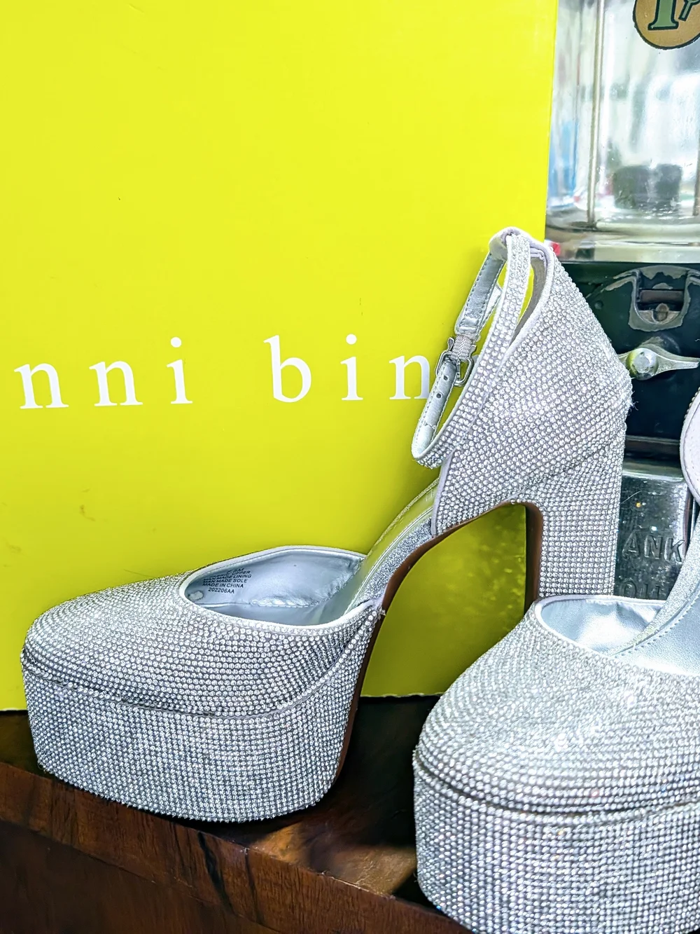 Gianni Bini Silver Crystal Platform Heels with Ankle Strap